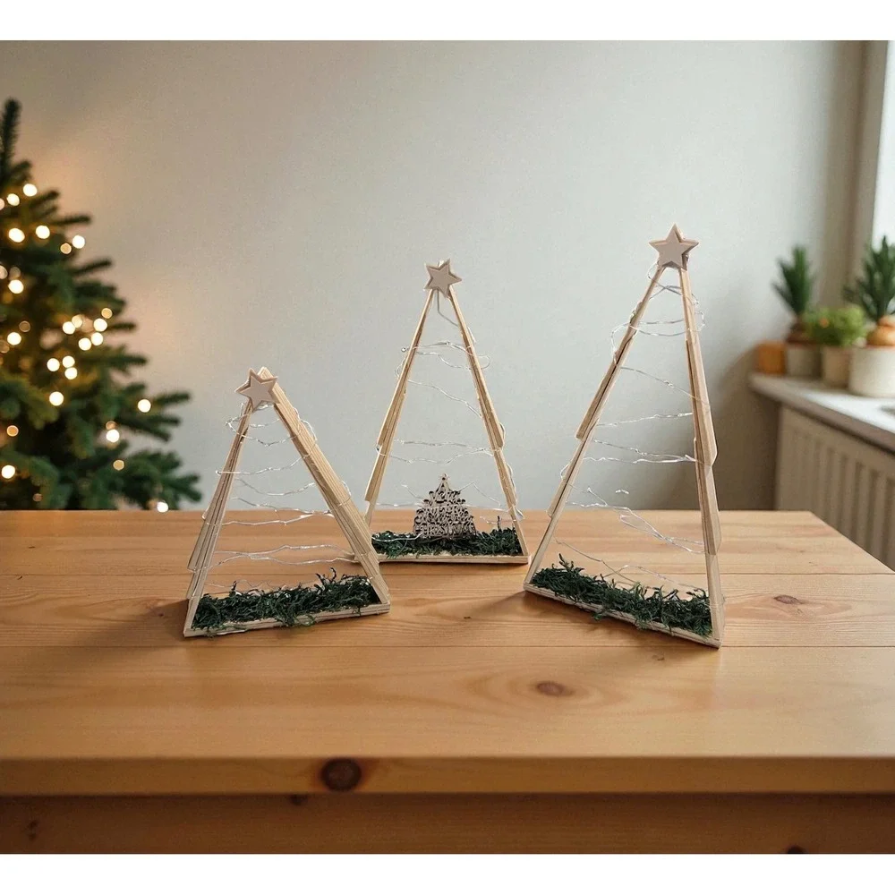 Set of‎ 3 Rustic Wooden Christmas Trees with Lights, 10, 13.5, 15 in. Heights